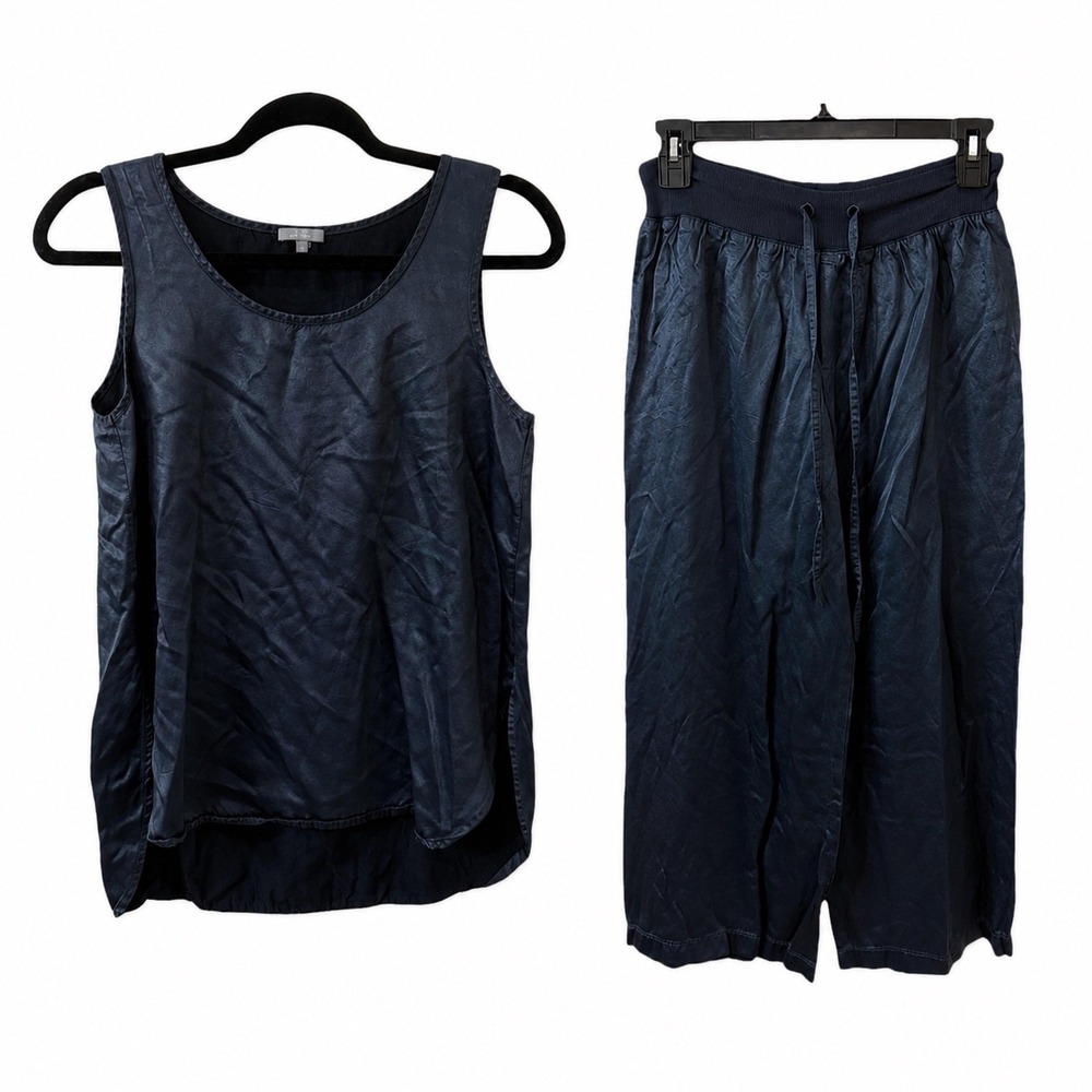 PJ Harlow Jackie Cropped Pajama Pants Set Silk Blend Navy Blue Womens XS Lounge